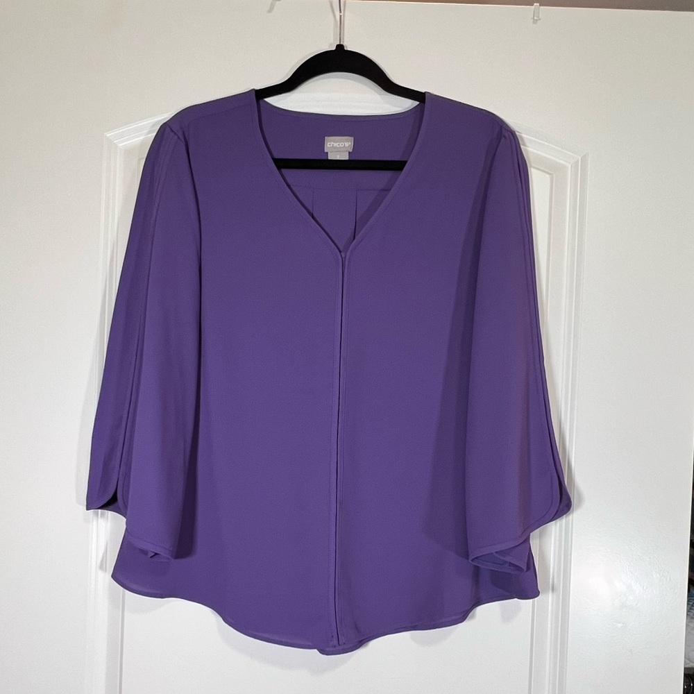Chico’s Women’s Size Large - Like New - Purple Flowy Sheer 3/4 Sleeves Blouse